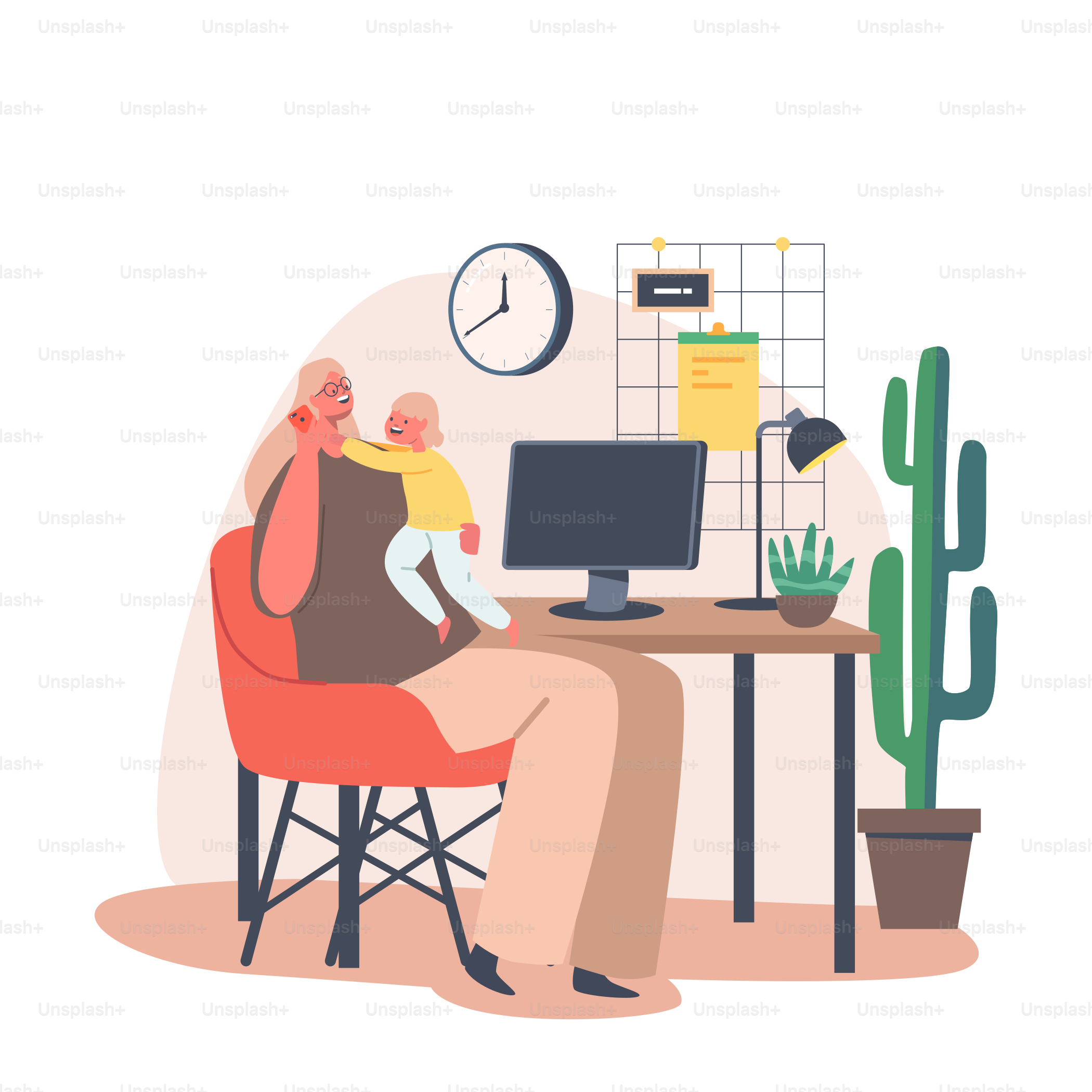 Young Mother Character Work on PC with Daughter on Hands. Multitasking Business Woman Remote Work from Home During Quarantine. Self-isolation with Little Baby. Cartoon People Vector Illustration