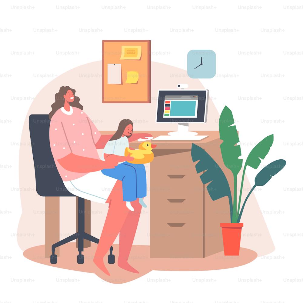 Self-isolation Remote Work with Little Baby. Young Business Mother Character Work on PC with Daughter Sitting with Toy on her Knees. Woman Work from Home Office. Cartoon People Vector Illustration