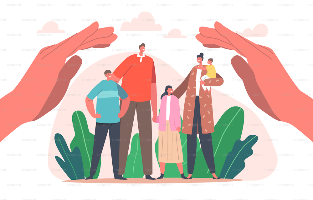 Family Protection Concept. Parents and Children Characters Stand under Huge Human Hands Protecting Mother, Father and Kids. Insurance, Social Support, Safety, Care. Cartoon People Vector Illustration