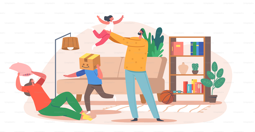 Home Fun Concept. Happy Family Characters Parents and Kids Playing, Fooling around the Room. Father, Mother and Kids Making Mess, Mom, Dad and Children Game. Cartoon People Vector Illustration