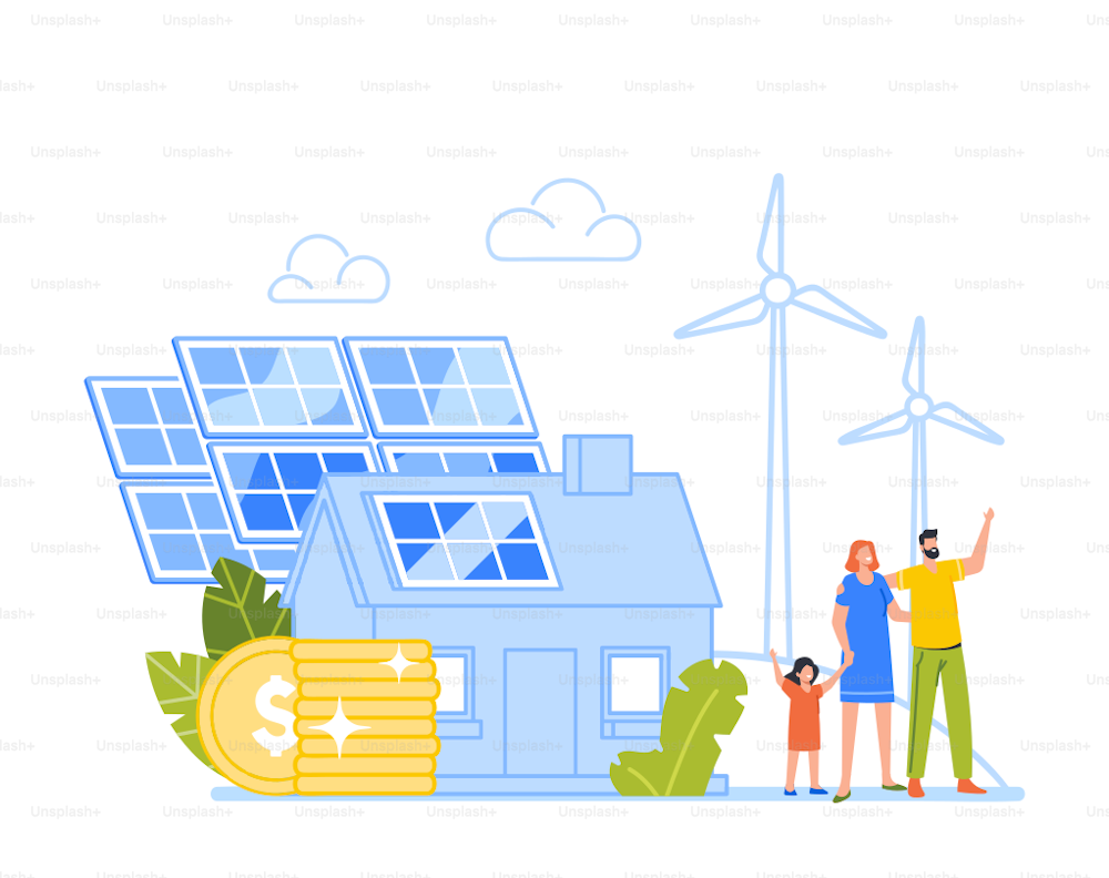 Energia pulita rinnovabile, energia, investimenti per le energie alternative e concetto di sostenibilità. Personaggi della famiglia a Money Coin Stack, pannello solare e turbina eolica. Illustrazione vettoriale delle persone del fumetto