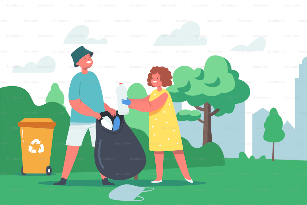 Los personajes de niñas y niños recogen la basura en un saco de basura y reciclan el contenedor de basura en el jardín. Protección de la ecología, problema de la contaminación de la tierra, reutilización de plásticos ecoactivista. Ilustración vectorial de dibujos animados