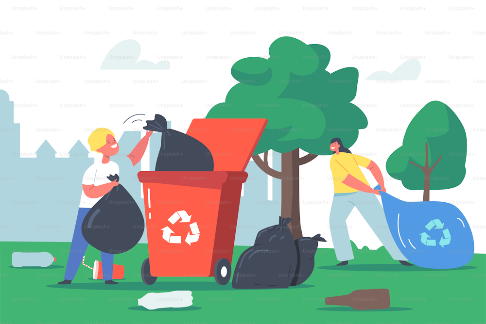 Kinder recyceln Müll, Kinderfiguren, die den Garten reinigen, sammeln Müll in Müllsack und Abfallbehälter mit Recycling-Schild, Parkaufräumung, Abfallverschmutzung, Tag der Erde. Cartoon Menschen Vektor Illustration