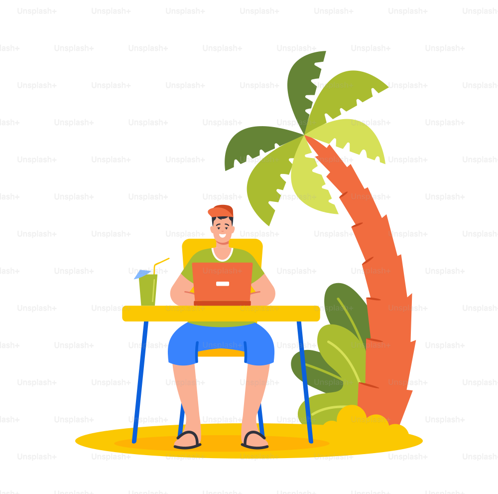 Freelancer or Distant Employee Work on Beach with Cocktail. Businessman Character in Summer Wear Sitting with Laptop on Exotic Tropical Seaside Working Distantly. Cartoon People Vector Illustration