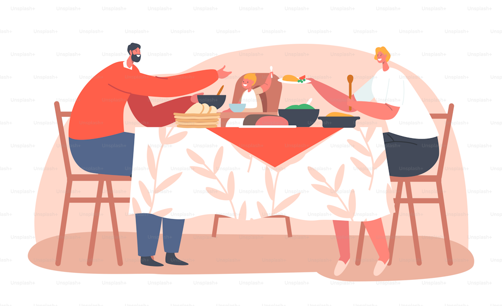 Famiglia felice di padre, madre e piccolo bambino che si siede sullo sgabello alto che mangia tavolo seduto con cibo in cucina. Genitori e bambino che mangiano il pasto durante la cena. Illustrazione vettoriale delle persone del fumetto