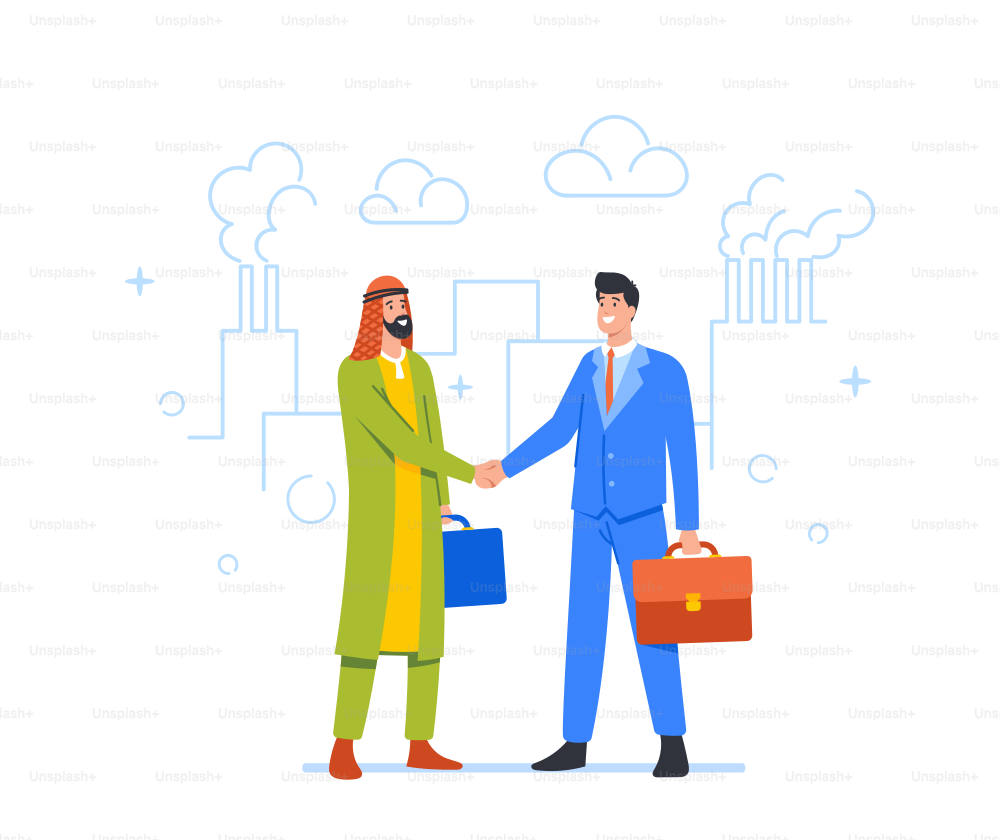 Business Negotiation and Deal with Arab Magnate Partner on Meeting. Businessmen Characters Shaking Hands, Agreement, Successful Transaction, Partnership, Success. Cartoon People Vector Illustration