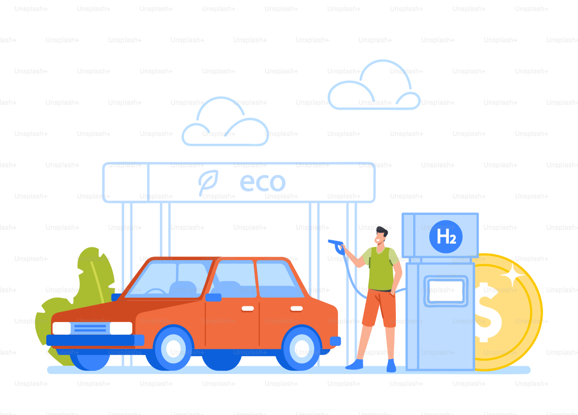 Male Character Stand near Car Hold Petroleum Gun in Hands. Eco Transport in City, Ecology Protection, Electro Car, Green Technology, Organic Alternative Energy. Cartoon People Vector Illustration