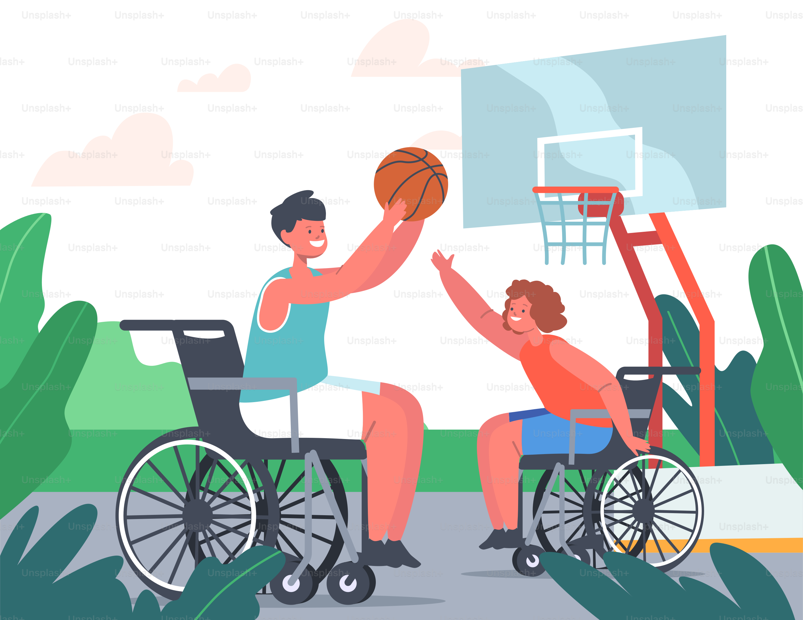 Ein paar behinderte, gelähmte Kinder spielen Basketball und sitzen im Rollstuhl, paralympische Athleten trainieren, behinderte Kinder, Charaktere, Sportaktivitäten, Training. Cartoon People Vektorillustration