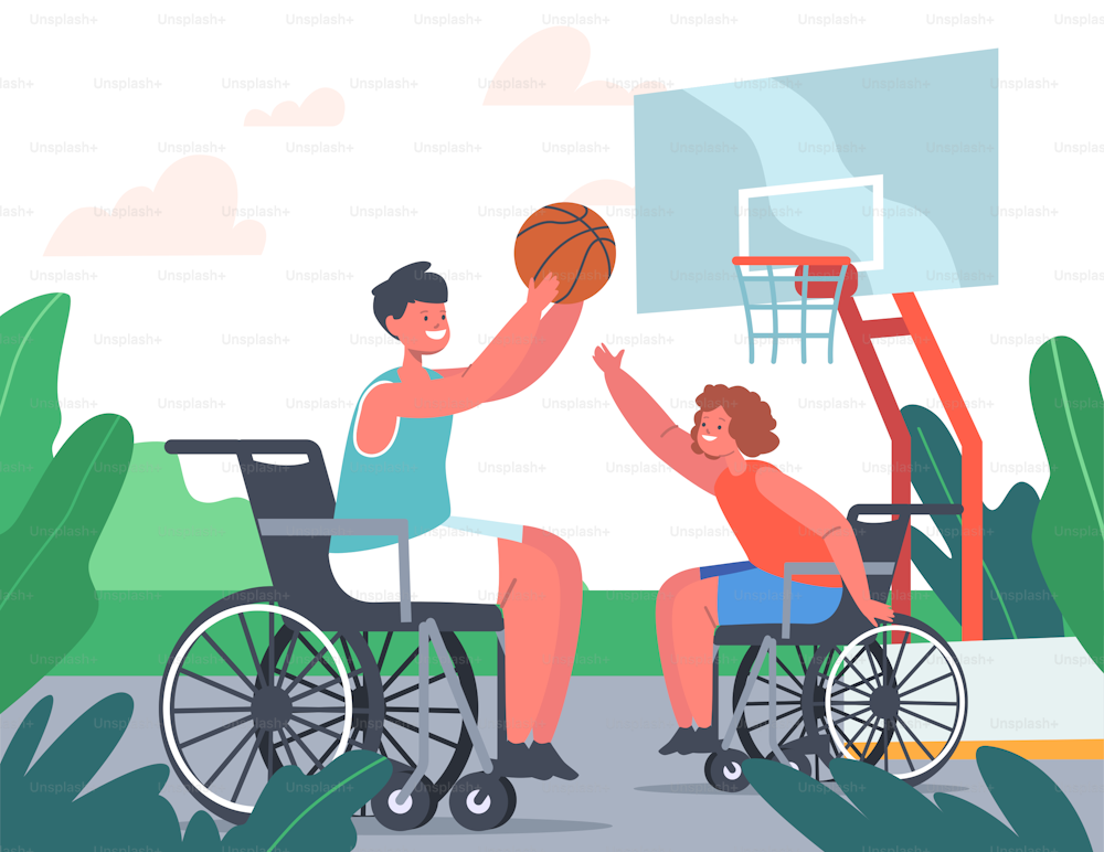 Pareja de niños discapacitados paralíticos jugando baloncesto sentados en sillas de ruedas, atletas paralímpicos entrenando, niños discapacitados personajes actividad deportiva, entrenamiento. Ilustración vectorial de Cartoon People