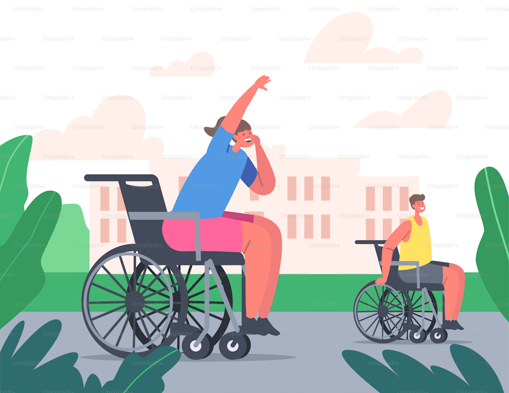Personajes de niños discapacitados sentados en silla de ruedas jugando baloncesto o carreras. Discapacidad, Vida de la persona discapacitada paralizada, Rehabilitación, Tiempo libre. Ilustración vectorial de Cartoon People