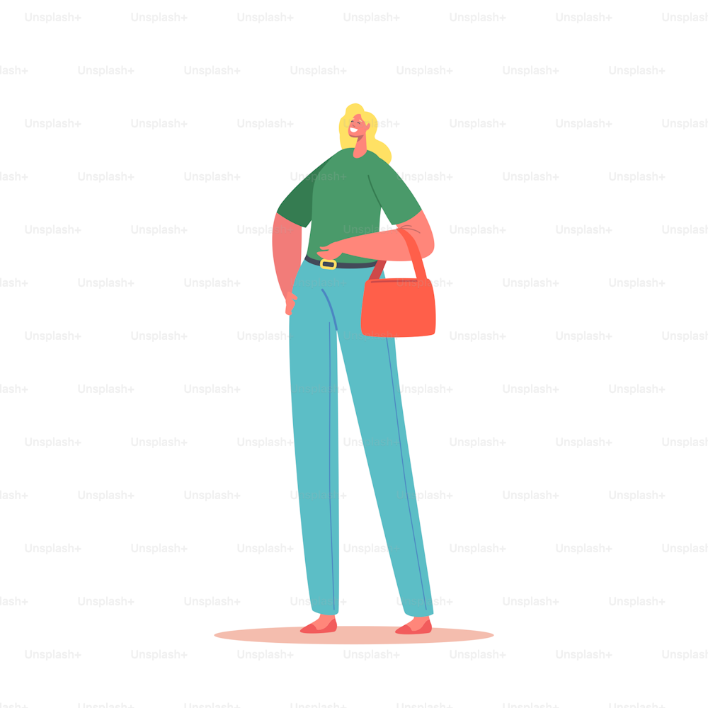 Stilvolle kaukasische Mädchenfigur mit Handtasche tragen trendiges Outfit für die Sommersaison. Modetrends für Damen Grüne Bluse mit kurzen Ärmeln und enger blauer Hose. Cartoon Menschen Vektor Illustration