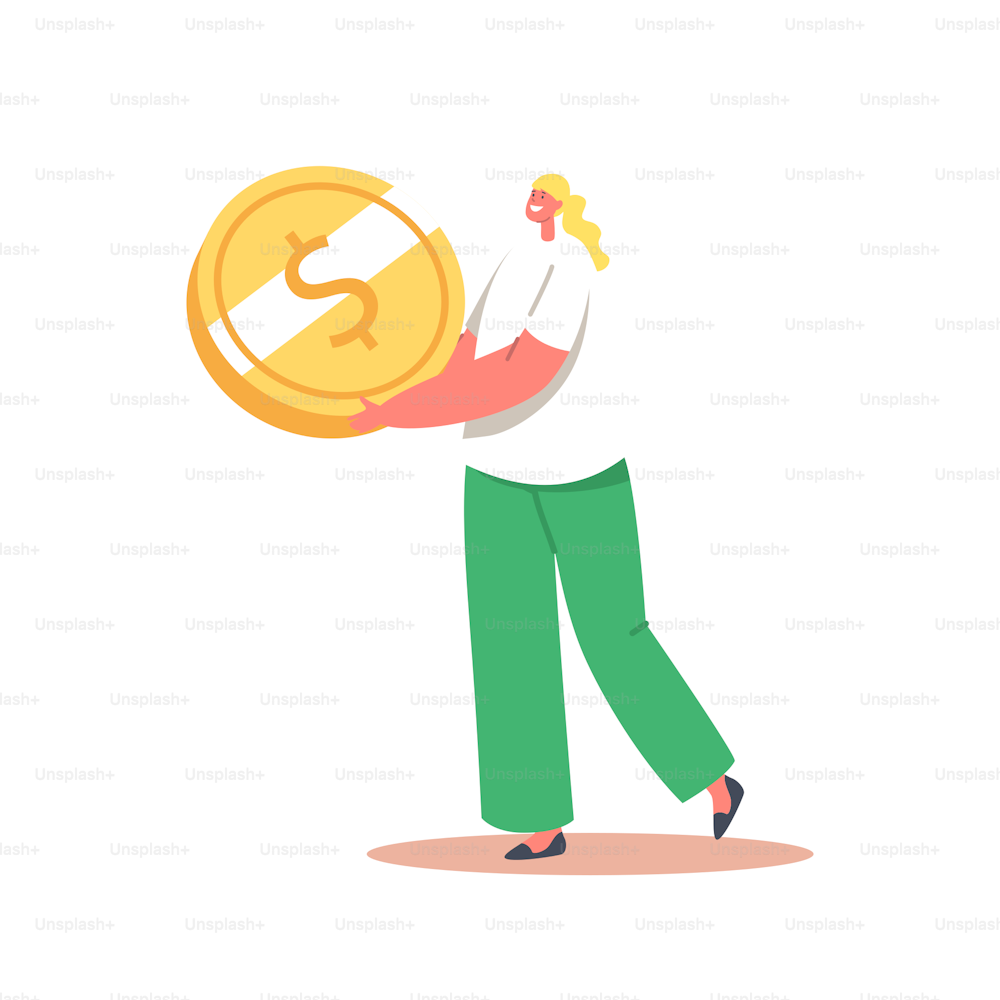 Wealth and Prosperity Concept. Tiny Businesswoman with Huge Golden Coin. Business Growth, Investment, Investor with Money, Rich Woman Single Character Millionaire. Cartoon People Vector Illustration
