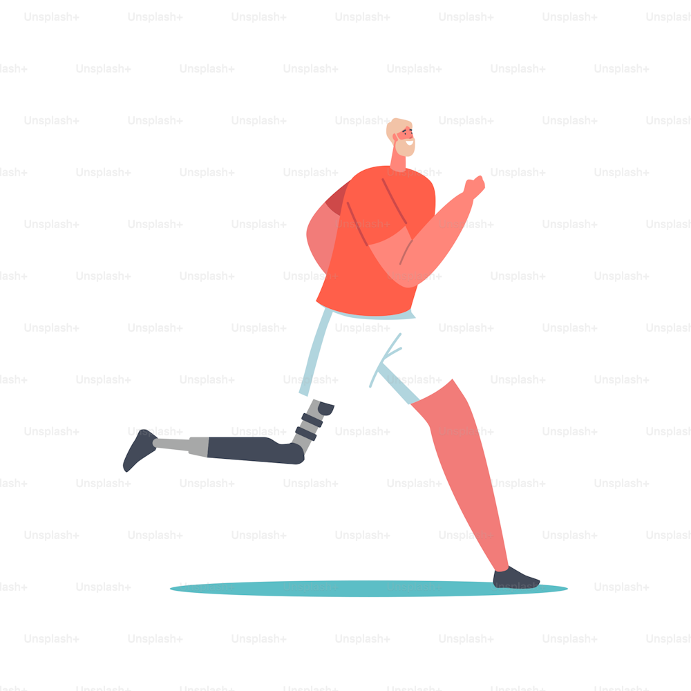 Active Amputee Man Training, Run Marathon. Single Male Character Athlete with Leg Prosthesis, Disabled Sportsman, Soldier with Amputated Limb Post Injury Recovery. Cartoon People Vector Illustration