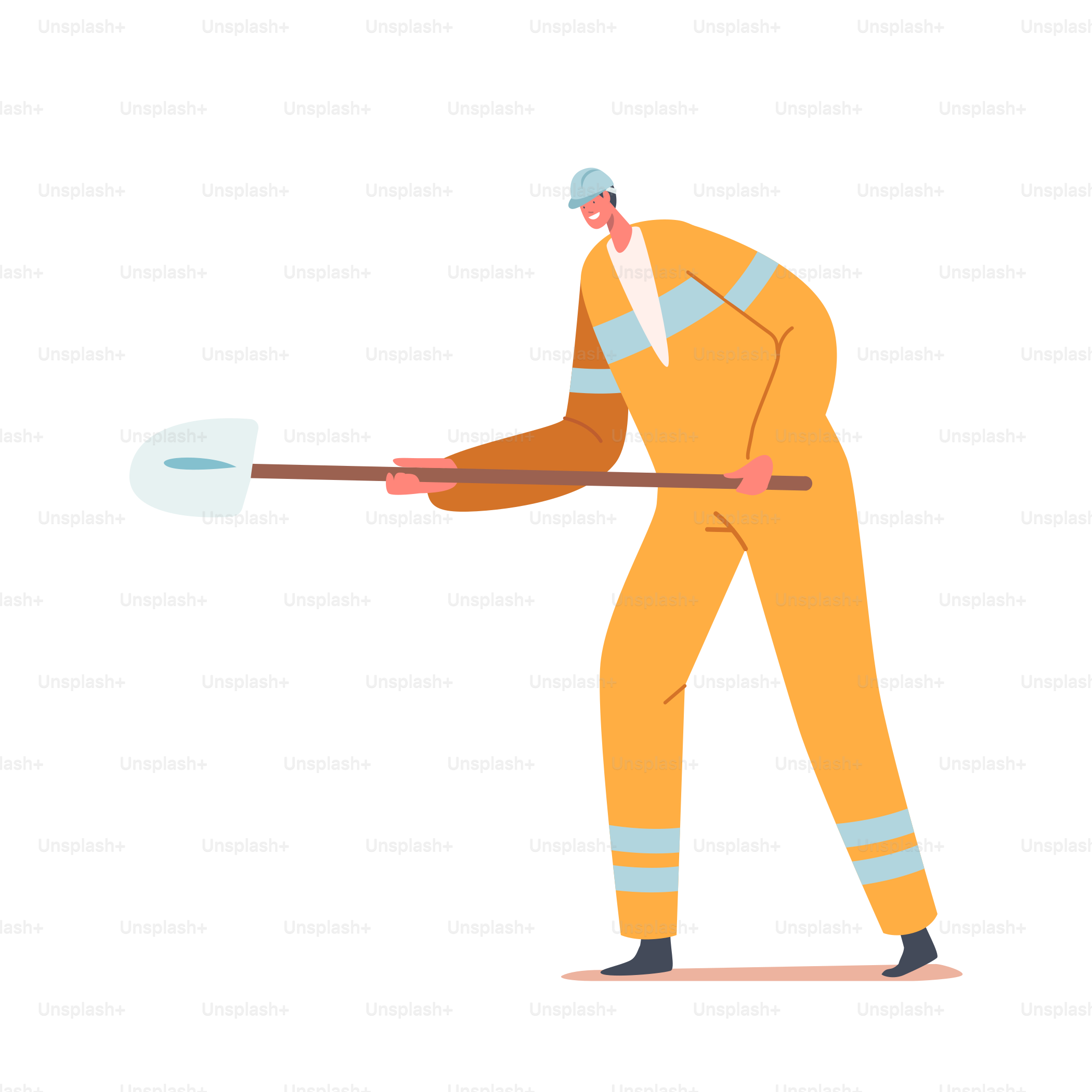 Charakter-Builder mit Schaufel. Arbeiter trägt orangefarbene Overalls und Helm mit Spaten. Straßenreparatur Bauprozess auf der Baustelle isoliert auf weißem Hintergrund. Cartoon Menschen Vektor Illustration