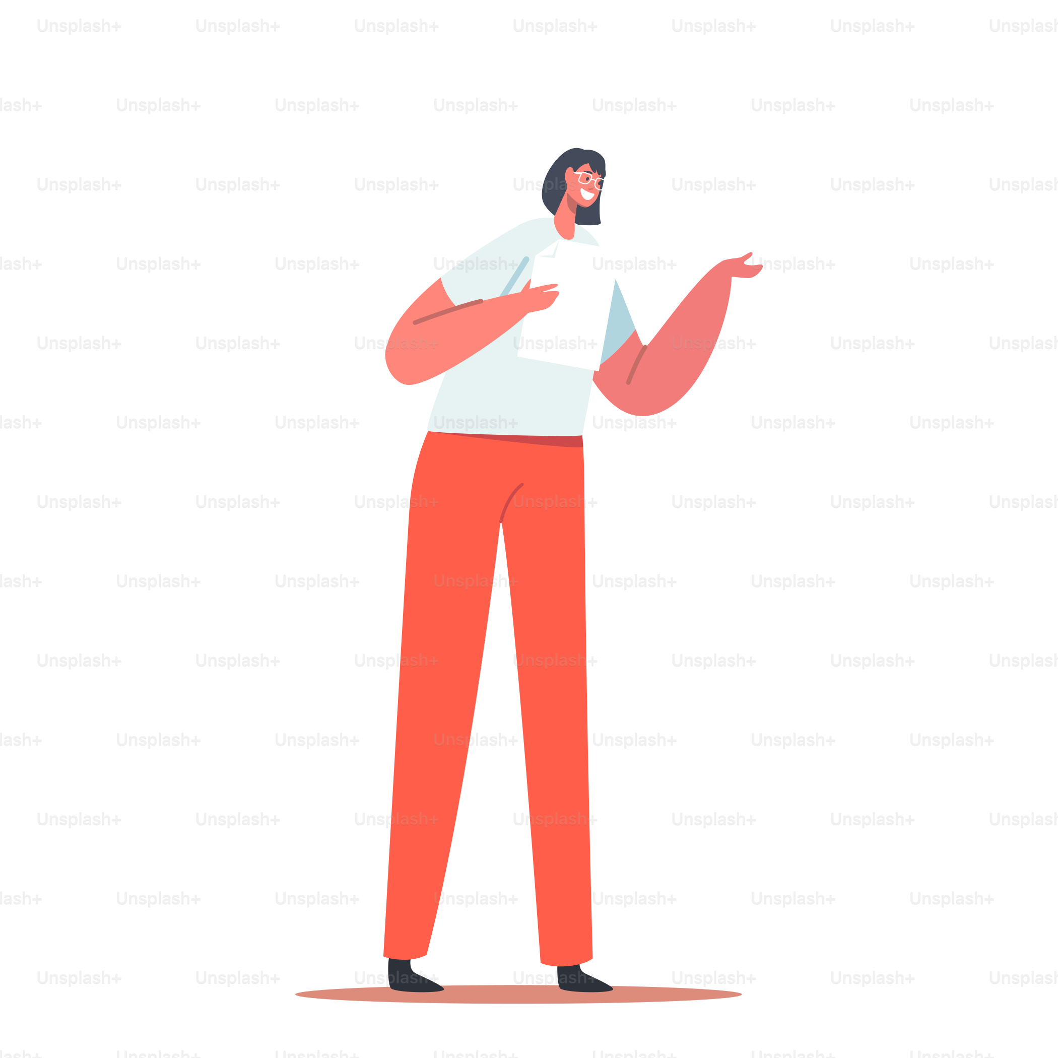 Jeune femme avec un document en papier à la main, isolée sur fond blanc. Professeure de caractère féminin, secrétaire, actrice ou coach parlante, entraîneuse de filles célibataires. Illustration vectorielle des personnages de dessin animé