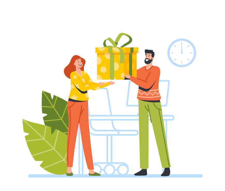 Homme joyeux offrant un cadeau à une femme collègue au bureau, les hommes d’affaires célèbrent les vacances d’hiver en offrant des cadeaux. Joyeux Noël ou célébration du Nouvel An pour les personnages. Illustration vectorielle de bande dessinée