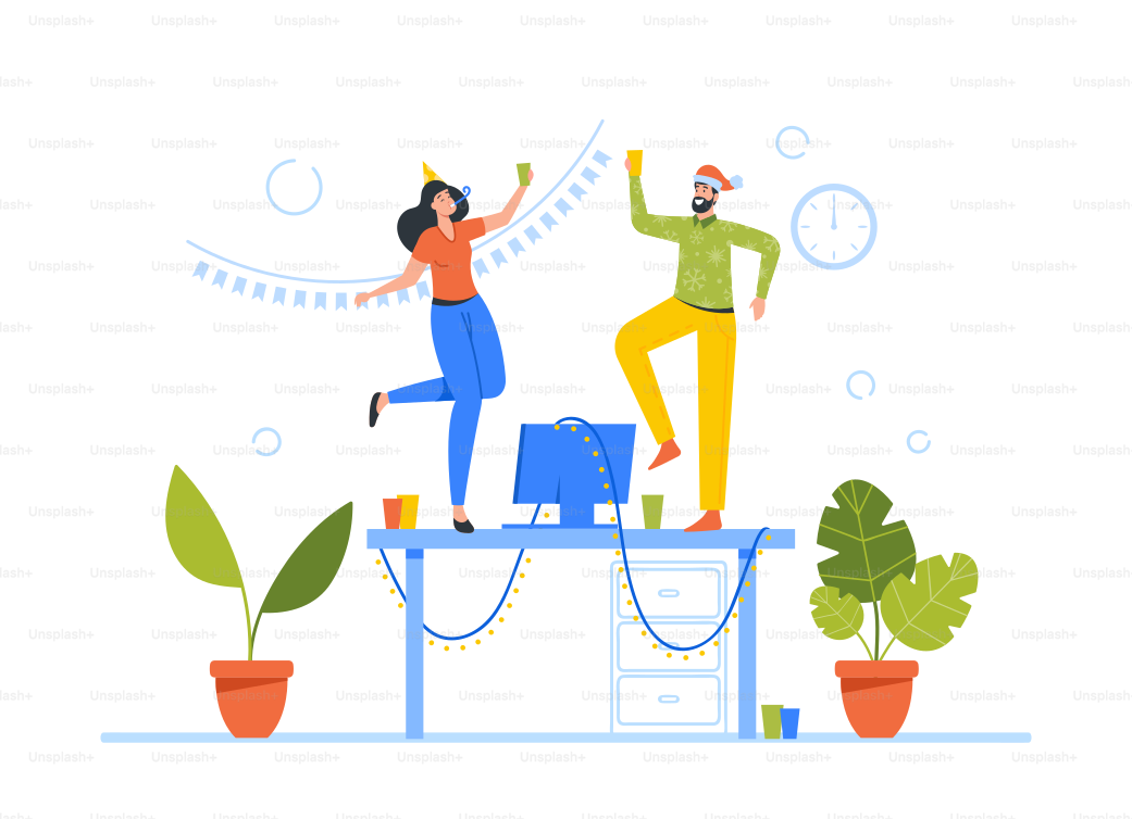 Weihnachtsfeier. Fröhliche Menschen mit festlichen Hüten und Weingläsern in der Hand feiern den Winterfeiertag. Betrunkene männliche und weibliche Figuren tanzen auf dem Tisch. Cartoon-Vektorillustration