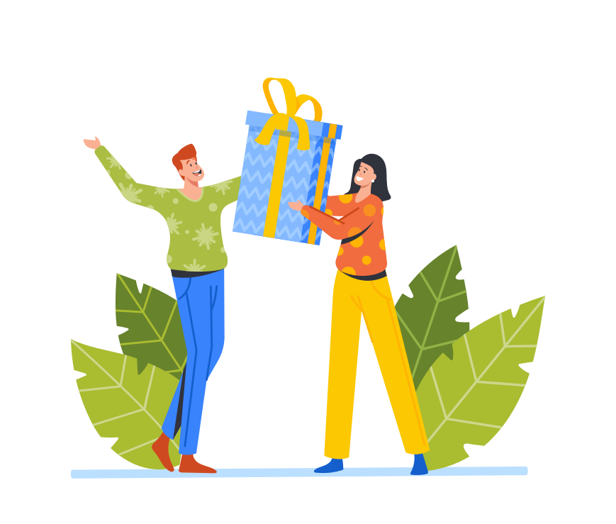 Happy Loving Couple, Business Colleagues or Friends Xmas Greetings, Characters Giving Presents to Each Other on Winter Holidays Celebration, Festive Event with Gifts. Cartoon Vector Illustration