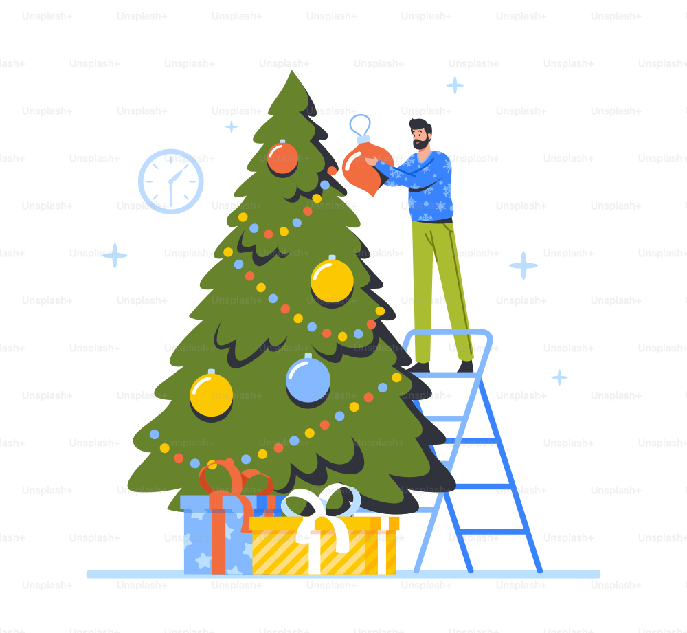 Happy Character Decorate Christmas Tree. Young Man Stand on Ladder Put Ball on Branch. People Prepare for New Year or Christmas Party Celebration at Home. Cartoon Vector Illustration