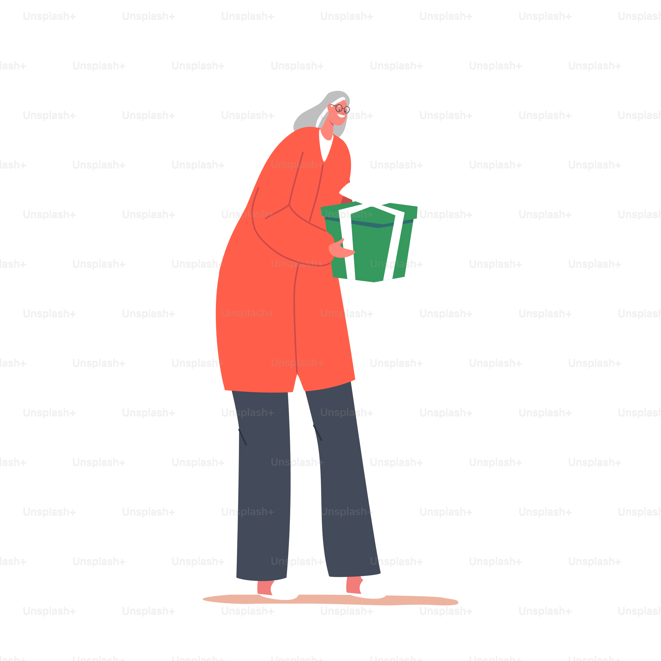 Heureux personnage féminin senior recevoir cadeau. Vieille femme avec boîte cadeau emballée. Evénement festif et fête des fêtes d’hiver, surprise de Noël isolée sur fond blanc. Illustration vectorielle de bande dessinée