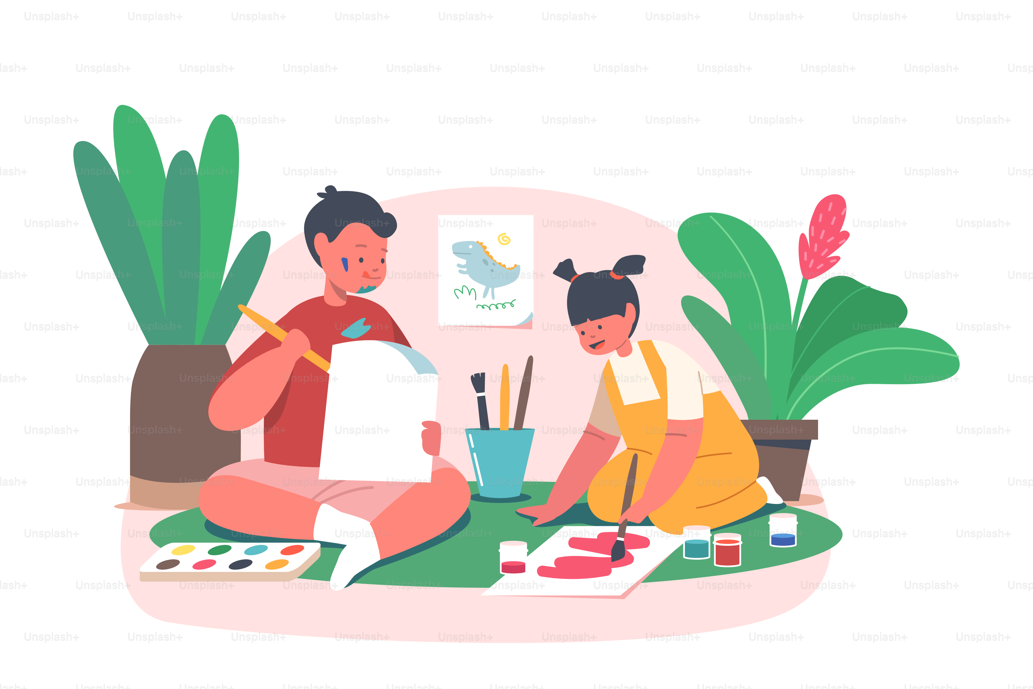 Des enfants peignant sur une feuille en papier assis par terre. Des petits garçons et des petites filles avec des peintures et des pinceaux créent une image colorée à la maison, isolés sur un fond blanc. Illustration vectorielle des personnages de dessin animé