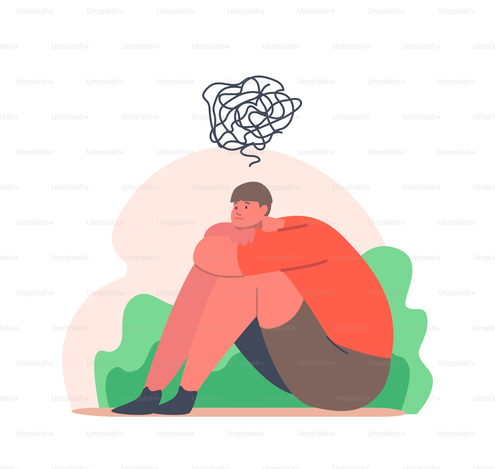 Teenager Depression, Problems, Depressed Unhappy Boy Sitting on Floor with Tangled Thoughts in Head. Kid Character need Professional Psychological Help, Mental Assistance. Cartoon Vector Illustration