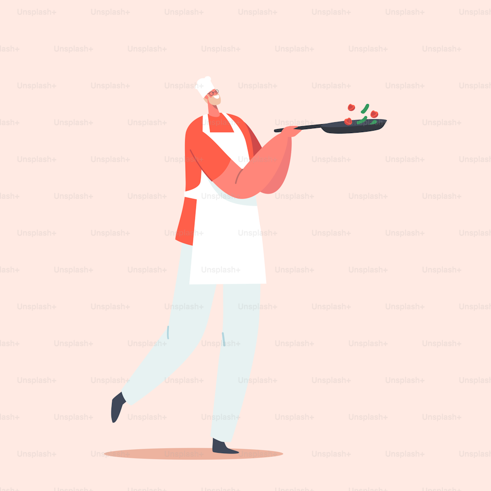 Professional Chef Cooking Food Prepare Vegetables on Pan. Male Character in White Cook Uniform Apron and Toque, Hotel Service Stuff Isolated on Pink Background. Cartoon People Vector Illustration