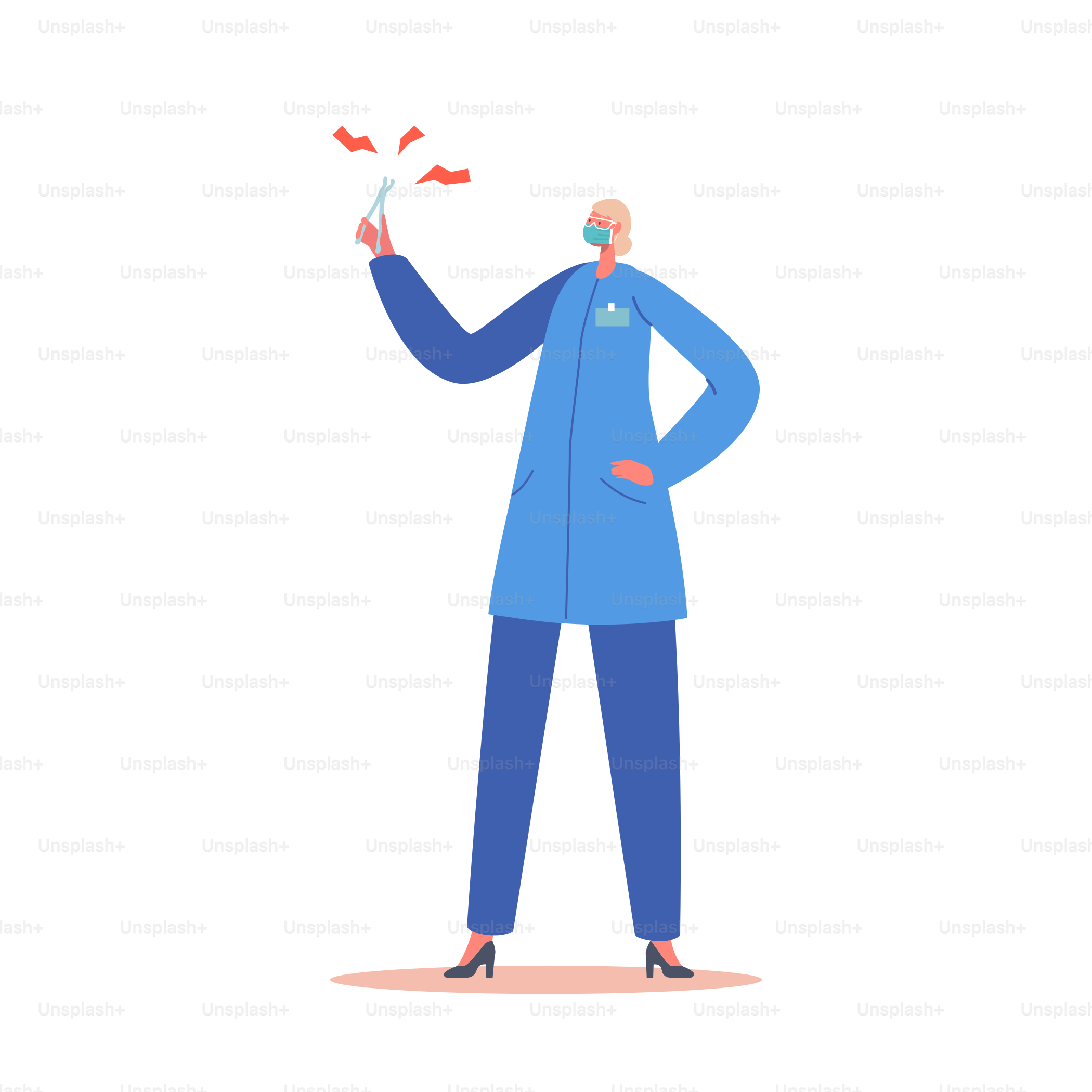 Female Stomatologist Doctor in Blue Medical Robe Wear Mask Stand with Pliers Instrument. Clinical Medicine Profession, Dentist Hospital Healthcare Staff Work, Occupation. Cartoon Vector Illustration