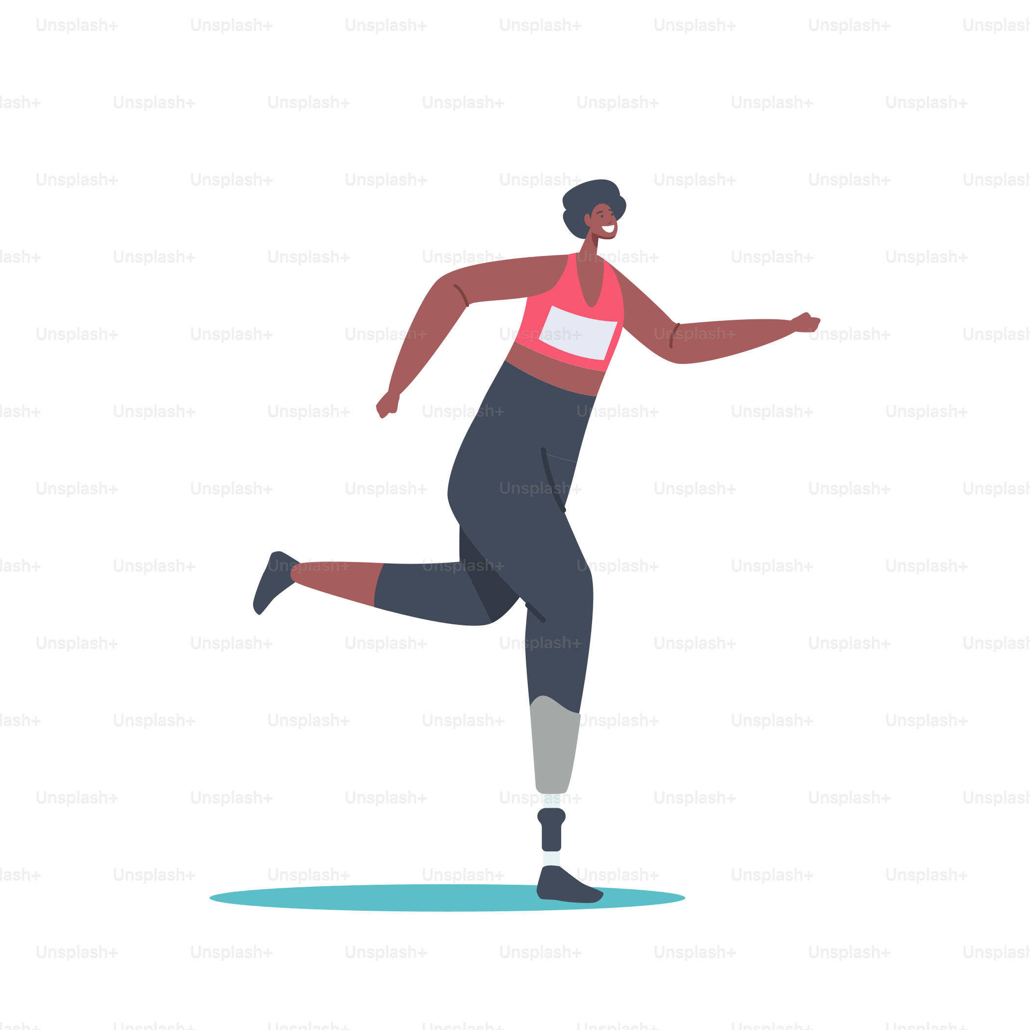 African Sportswoman Character Run Marathon, Cheerful Amputee Girl Training, Athlete with Leg Prosthesis, Disabled Woman Exercise Isolated on White Background. Cartoon People Vector Illustration