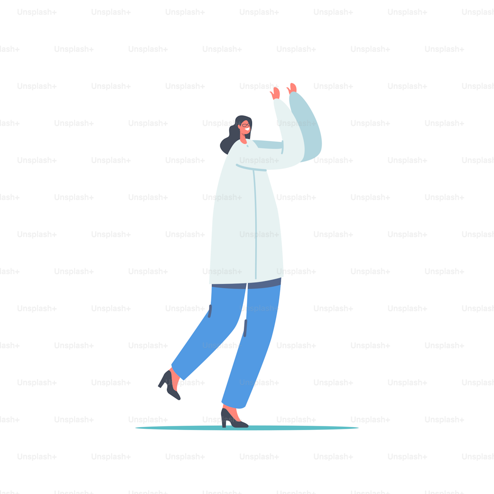 Ärztin in medizinischer Robe freut sich und springt mit erhobenen Händen isoliert auf weißem Hintergrund. medizinisches Personal in der Klinik oder im Krankenhaus bei der Arbeit. Medizinberuf, Beruf. Cartoon-Vektor-Illustration