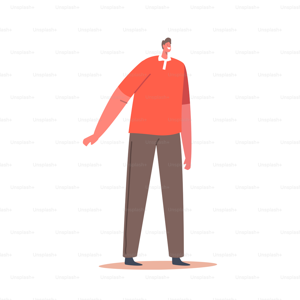 Single Male Character Wear Red T-shirt and Brown Trousers Isolated on White Background. Mature Positive Fashioned Man, Millenial Attractive Person in Modern Clothes. Cartoon People Vector Illustration
