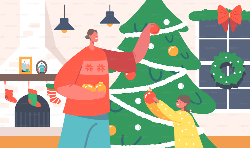 クリスマスの幸せな家族の装飾室の内部。母と子供はモミの木におもちゃを置き、子供と親はクリスマスと年末年始のお祝いのために家を飾ります。漫画のベクターイラスト
