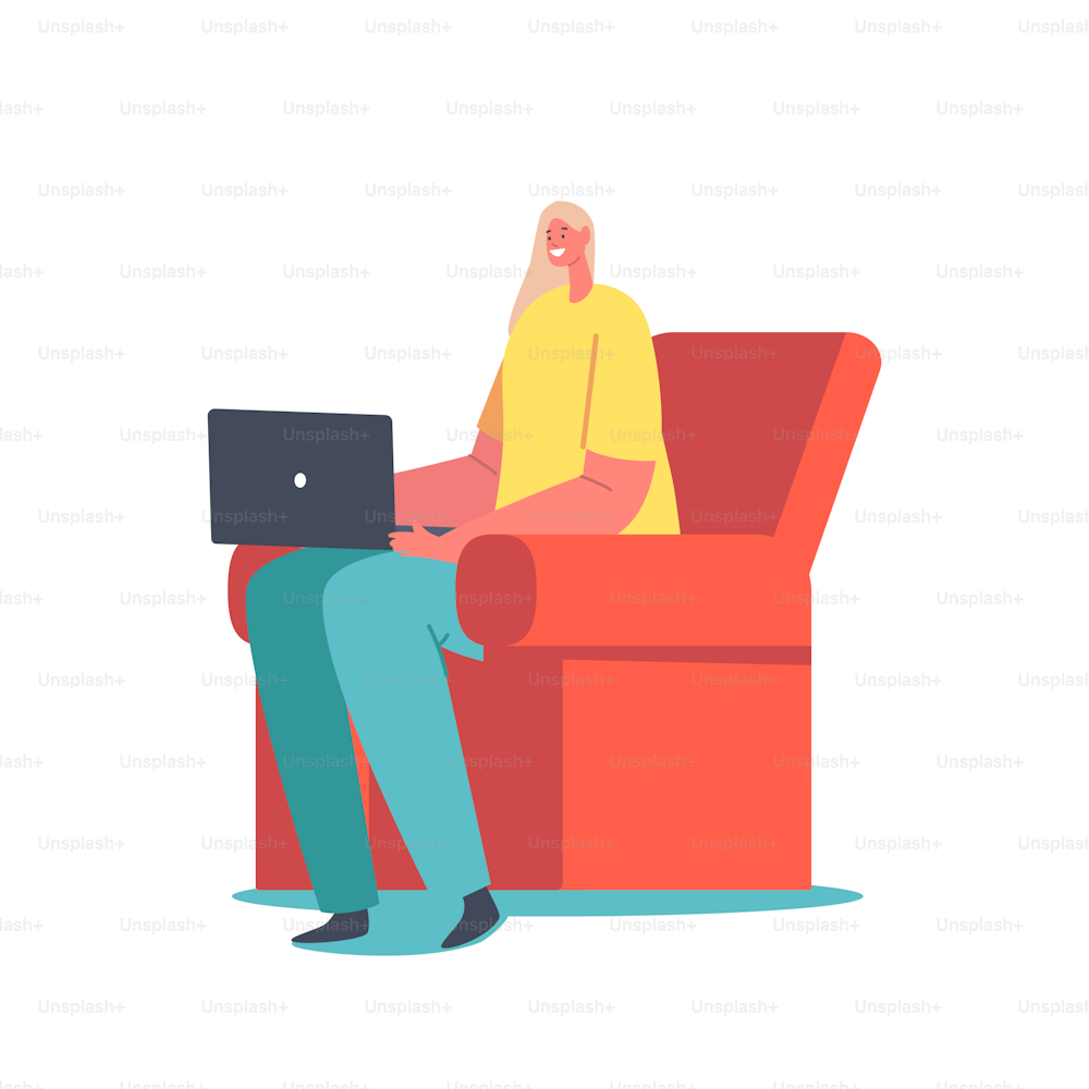 Personaje femenino sentado en un sillón con una computadora portátil en las manos aisladas sobre fondo blanco. Freelancer, Programador, Codificador o Analista de Procesos de Trabajo, Educación Online. Ilustración vectorial de Cartoon People