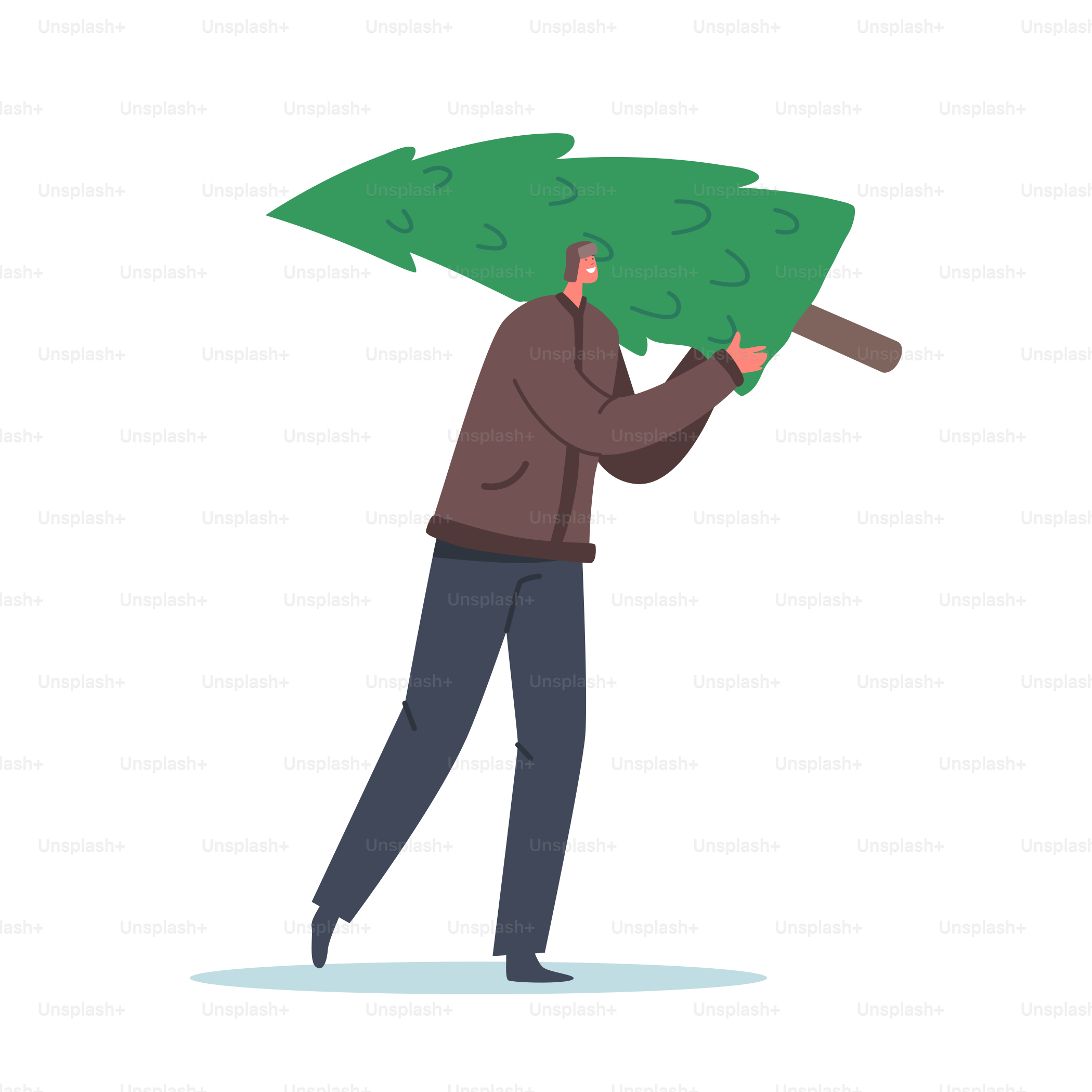 Male Character in Festive Mood Walking with Spruce. Happy Man in Winter Clothes Carry Fir Tree Isolated on White Background. Christmas Holidays and New Year Preparation. Cartoon Vector Illustration