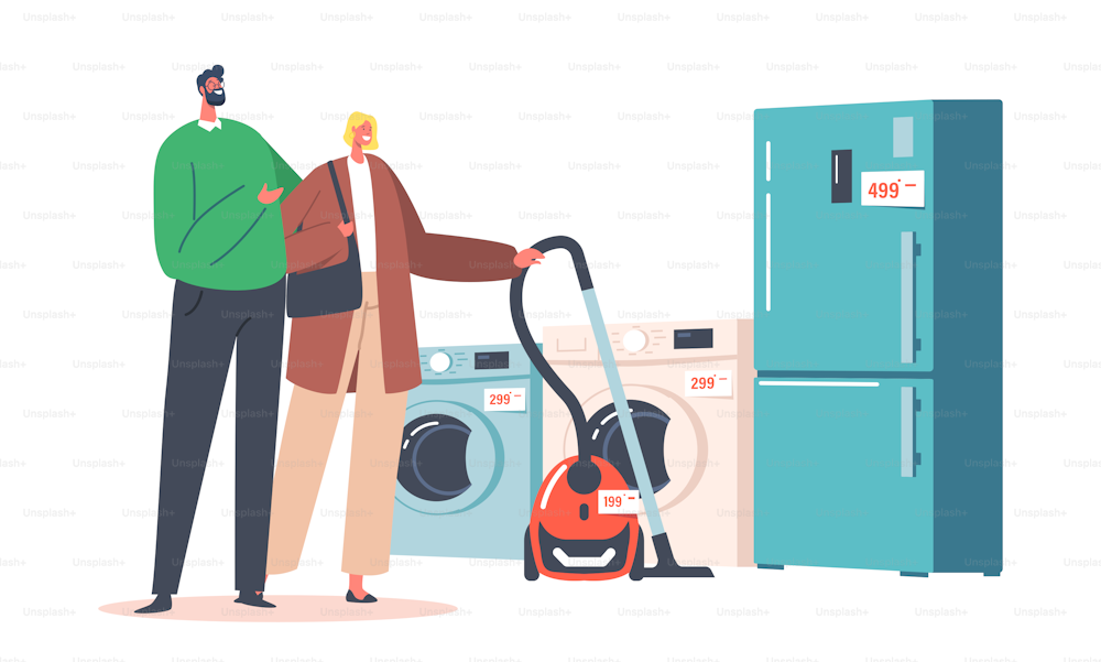Married Couple Choose Fridge and Vacuum Cleaner in Electronics Store. Family Buying Household Goods Concept. Clients Characters Purchase Home Appliances in Mall. Cartoon People Vector Illustration