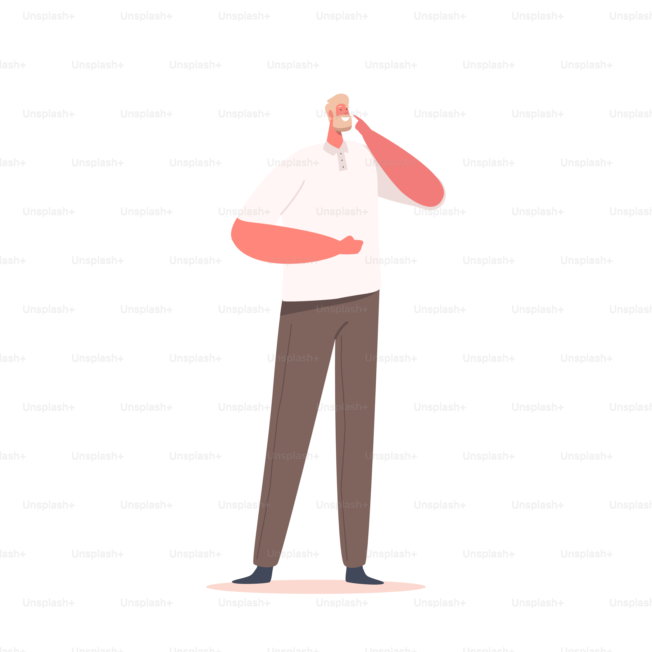 Homem solteiro barboso e curioso pensando, resolvendo solução de busca de problemas isolada em fundo branco. Dúvidas, confusão isolada em fundo branco. Ilustração vetorial de Cartoon People