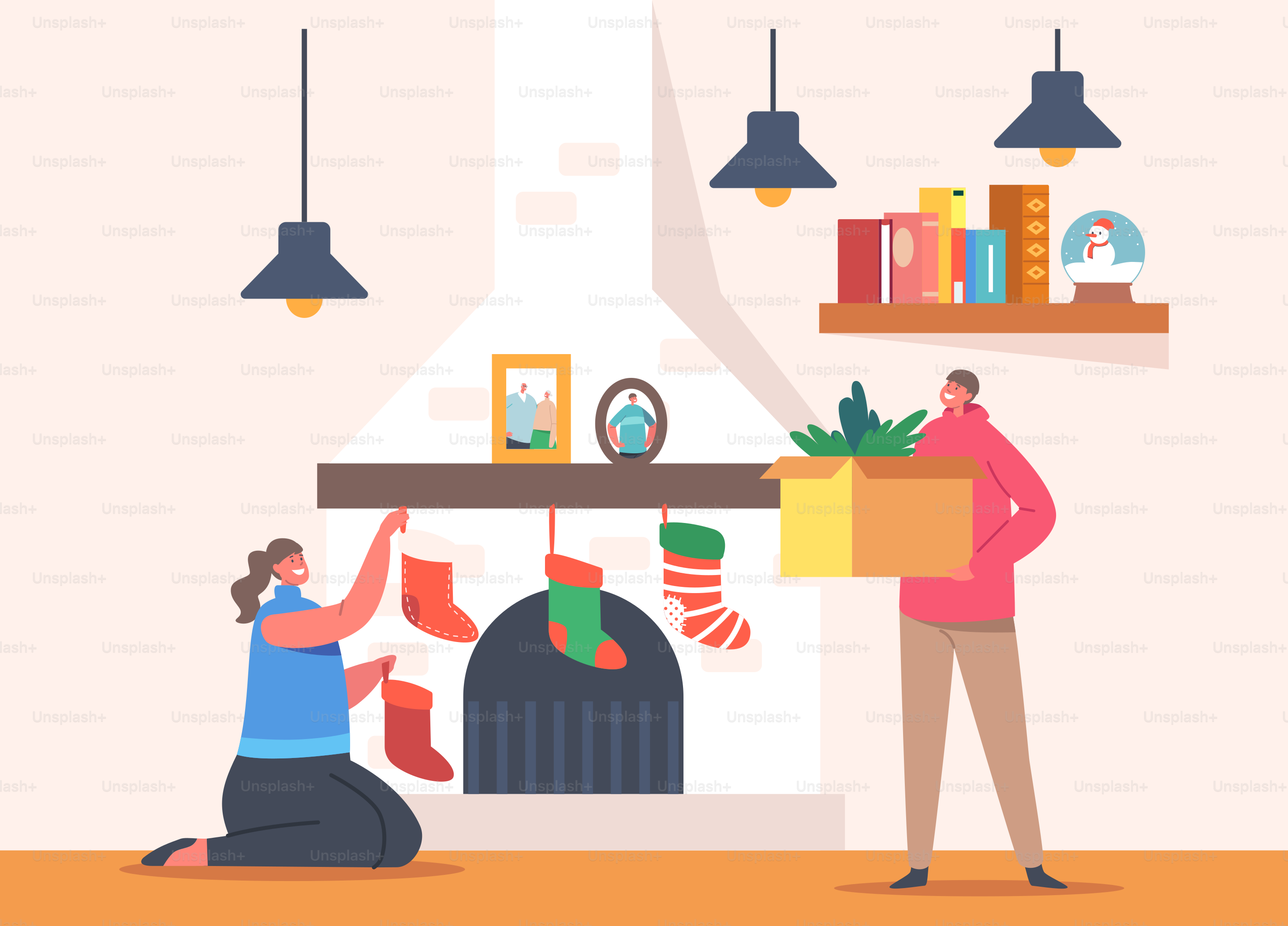 Happy Family Decorating Room on Christmas Holidays. Girl and Boy Decorate Fire Place with Fir Tree Branches, Socks and Garlands, Children Prepare Home Interior for Xmas. Cartoon Vector Illustration