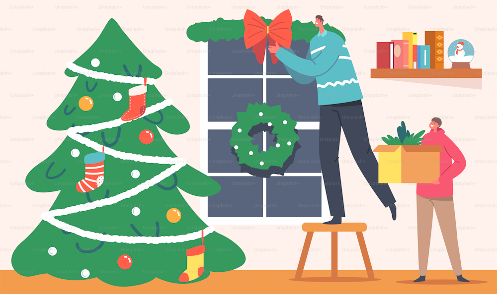Father with Son Decorate Home, Happy Family Decorating Room for Christmas Holidays Celebration. Dad Hang Garland on Window, Kid Holding Box with Fir Tree Branches Decor. Cartoon Vector Illustration