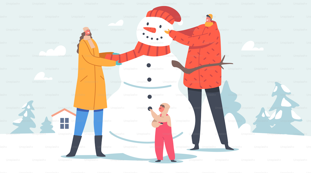 Happy Parents with Children Making Snowman on Nature. Father, Mother and Baby Put Scarf and Hat on Snowman Head. Little Daughter with Mom and Dad Wintertime Activities. Cartoon Vector Illustration