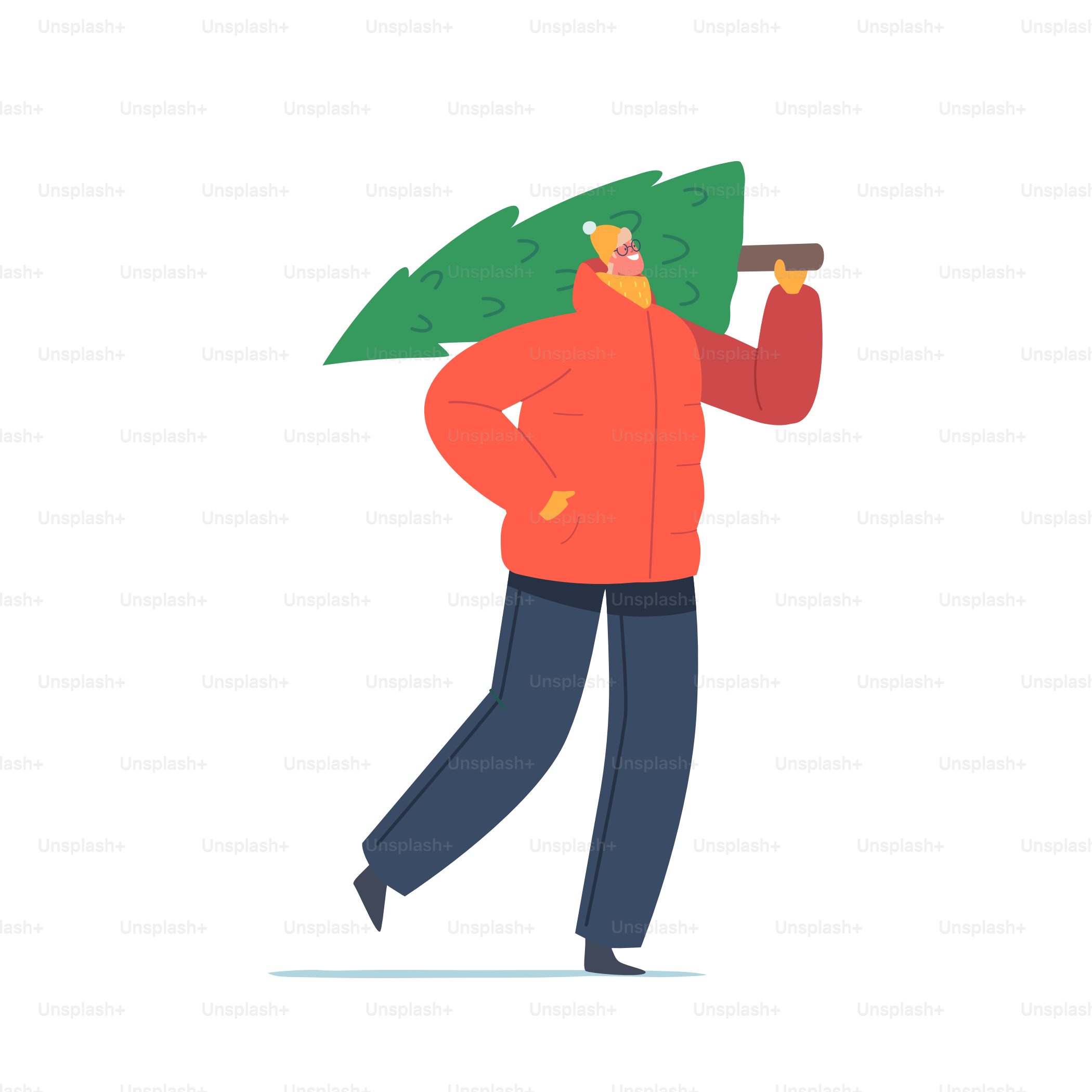 Happy Man in Winter Clothes Carry Fir Tree Isolated on White Background. Christmas Holidays and New Year Preparation. Male Character in Festive Mood Walking with Spruce. Cartoon Vector Illustration