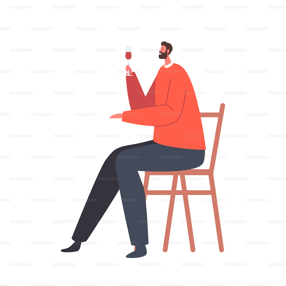 Reife männliche Figur sitzt auf einem Stuhl und hält ein Weinglas in der Hand, isoliert auf weißem Hintergrund. Person feiert Feiertage, Mann trinkt Alkohol zu Hause oder in der Bar, Sucht. Cartoon Menschen Vektor Illustration