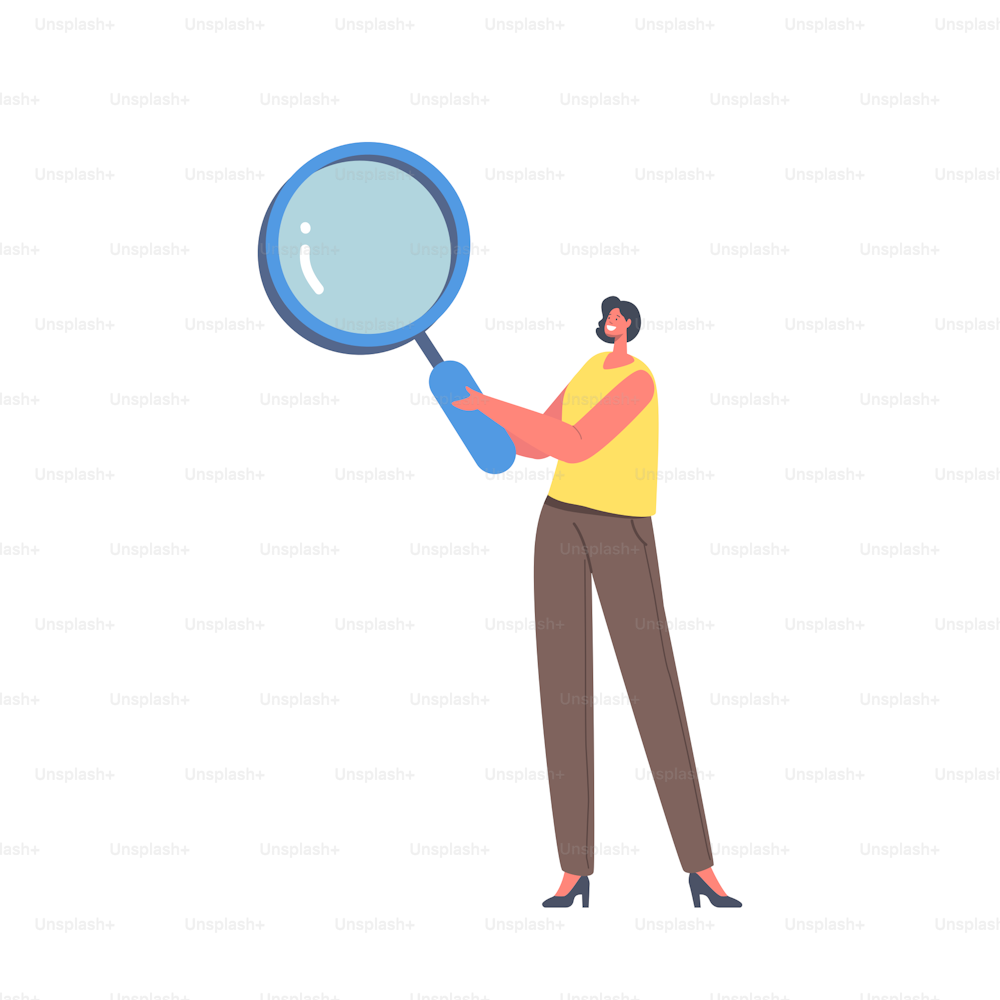 Woman Character Holding Magnifying Glass Looking Through It at Interrogation Points. Concept of Frequently Asked Questions, Query, Investigation, Search for Information. Cartoon Vector Illustration