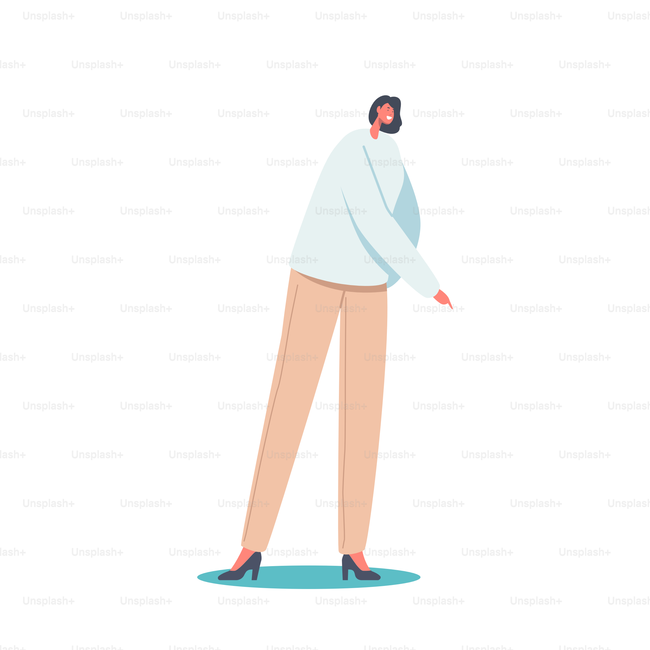 Personnage élégant de fille caucasienne portant un pull blanc à manches longues et un pantalon beige moulant pointant la tête. Tenue tendance pour la saison d’automne, tendance mode pour les femmes. Illustration vectorielle des personnages de dessin animé