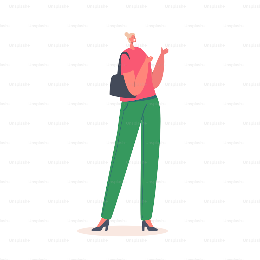 Elegante personaje femenino caucásico Usa blusa roja con mangas cortas y pantalones verdes ajustados con bolso de mano. Outfit de moda para la temporada de verano, tendencias de moda para mujer. Ilustración vectorial de Cartoon People