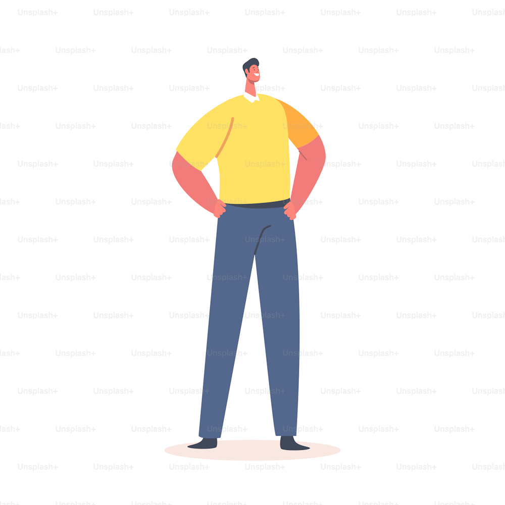 Single Male Character Wear Yellow Polo T-shirt and Blue Trousers Isolated on White Background. Positive Fashioned Man, Millenial Attractive Person in Modern Clothes. Cartoon People Vector Illustration