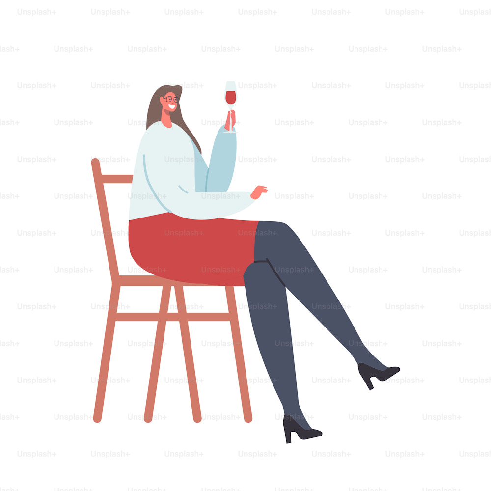Joven alegre beber alcohol en casa o bar. Personaje femenino borracho sentado en una silla sosteniendo copa de vino en mano aislado sobre fondo blanco. Chica celebra las fiestas. Ilustración vectorial de Cartoon People