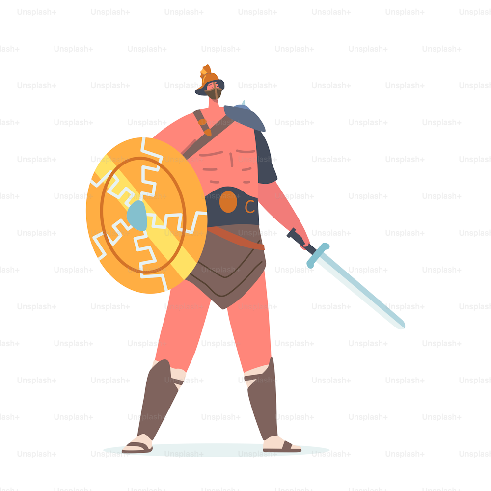 Soldado legionario, gladiador guerrero romano con torso desnudo sosteniendo espada y escudo aislado sobre fondo blanco. Historia antigua, personaje masculino espartano con armadura. Ilustración vectorial de dibujos animados