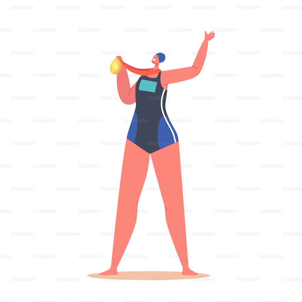Sport Competition Winner Rewarding Concept. Woman Swimmer Character Wear Swim Suit and Hat Holding Gold Trophy Award Medal Isolated on White Background. Cartoon People Vector Illustration