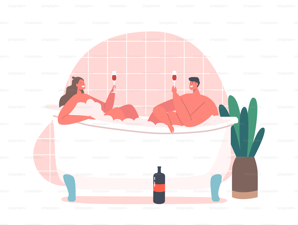 Couple Relaxation, Body Care Therapy, Wellness Honeymoon Date. Young Man and Woman Sitting in Bathtub with Foam Drinking Wine Taking Sauna and Spa Water Procedure. Cartoon People Vector Illustration
