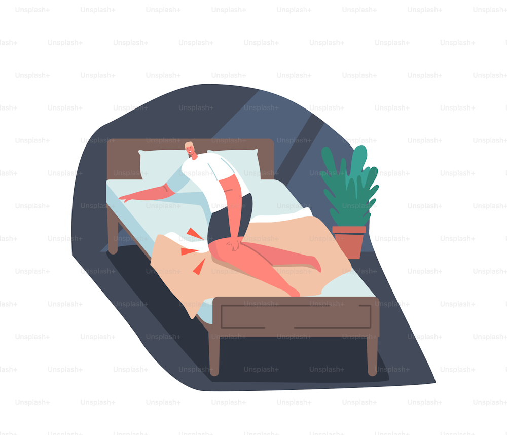 Male Character Lying in Bed with Strong Ache in Knees, Man Woke Up at Night from Severe Pain, Feeling Cramp in Feet. Concept of Sudden Pain due to Injury or Disease. Cartoon People Vector Illustration